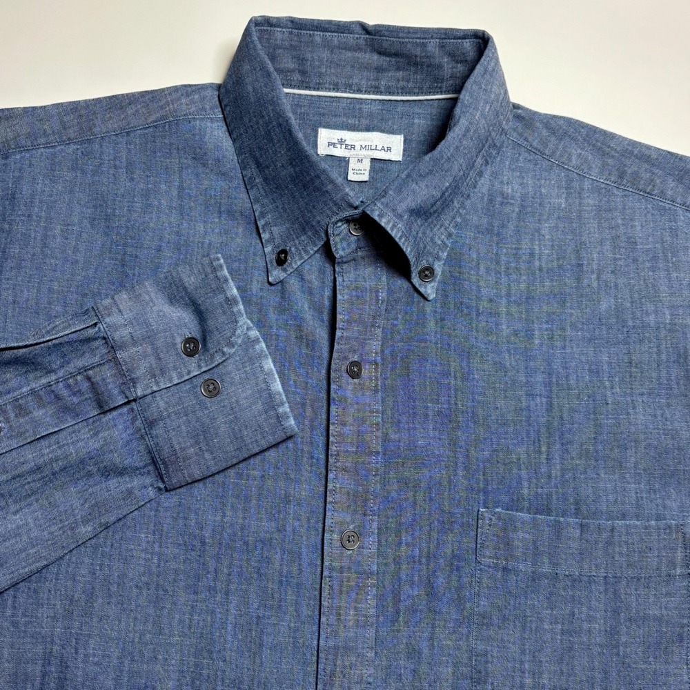 Peter Millar Tamworth Chambray Sport Shirt Men's M Blue Long Sleave Stretch